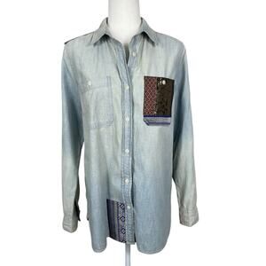 Denim & Supply Ralph Lauren Sandwashed Denim Brocade Boyfriend Shirt Sz Medium